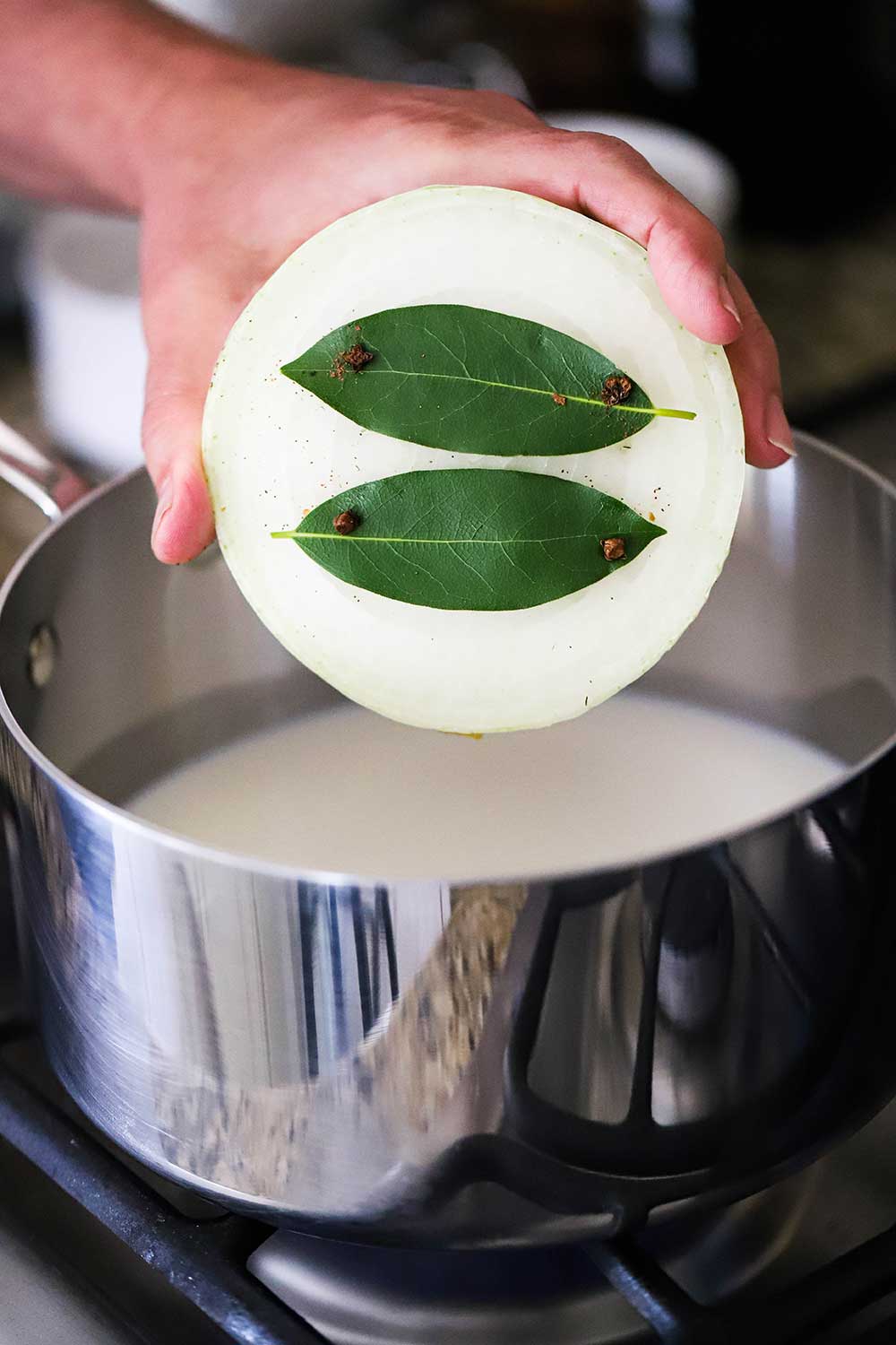 A person holding a large white onion half that has two bay leaves affixed to the cut side of the onion with cloves, all over a pan filled with a béchamel sauce.