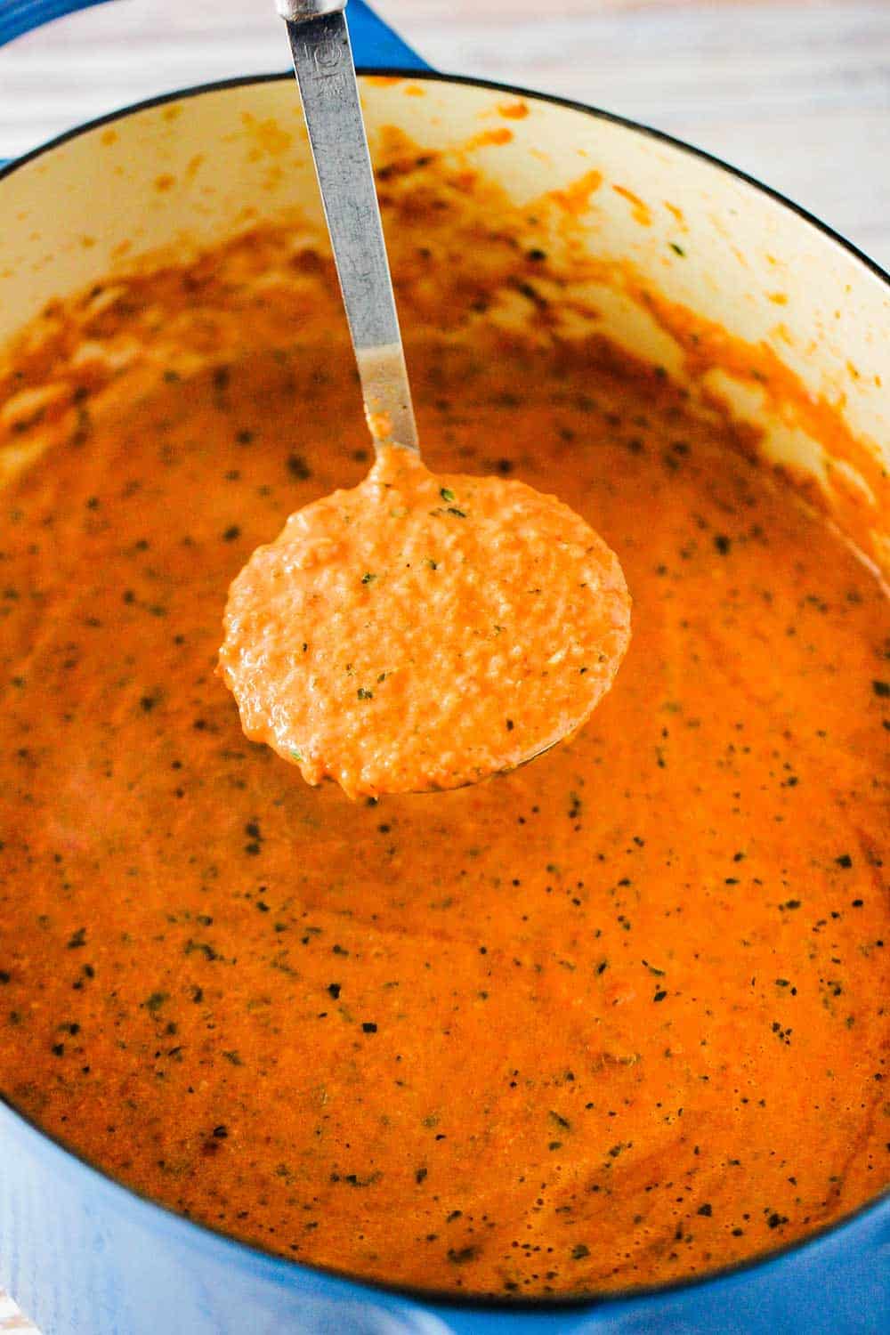 A ladle filled with roasted tomato basil soup in a large blue Dutch oven.