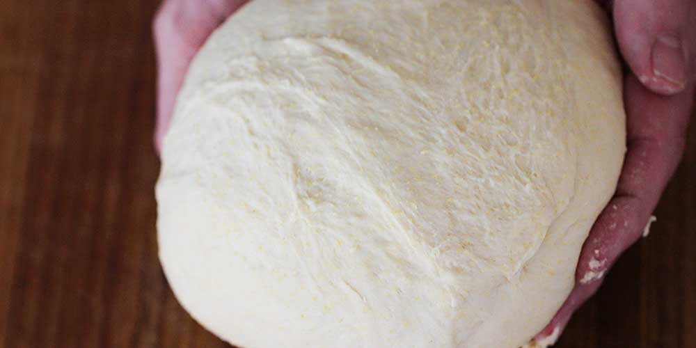 A ball of pizza dough held by two hands.