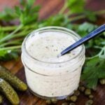 A glass jar of homemade tartar sauce