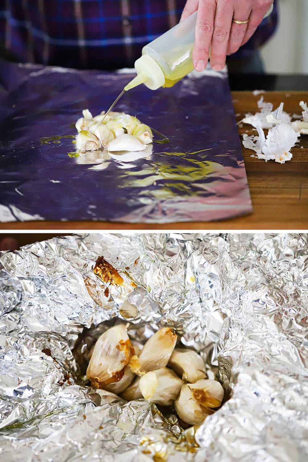A person squirting olive oil onto garlic cloves on a piece of foil and then the same garlic after being roasted still on the foil.
