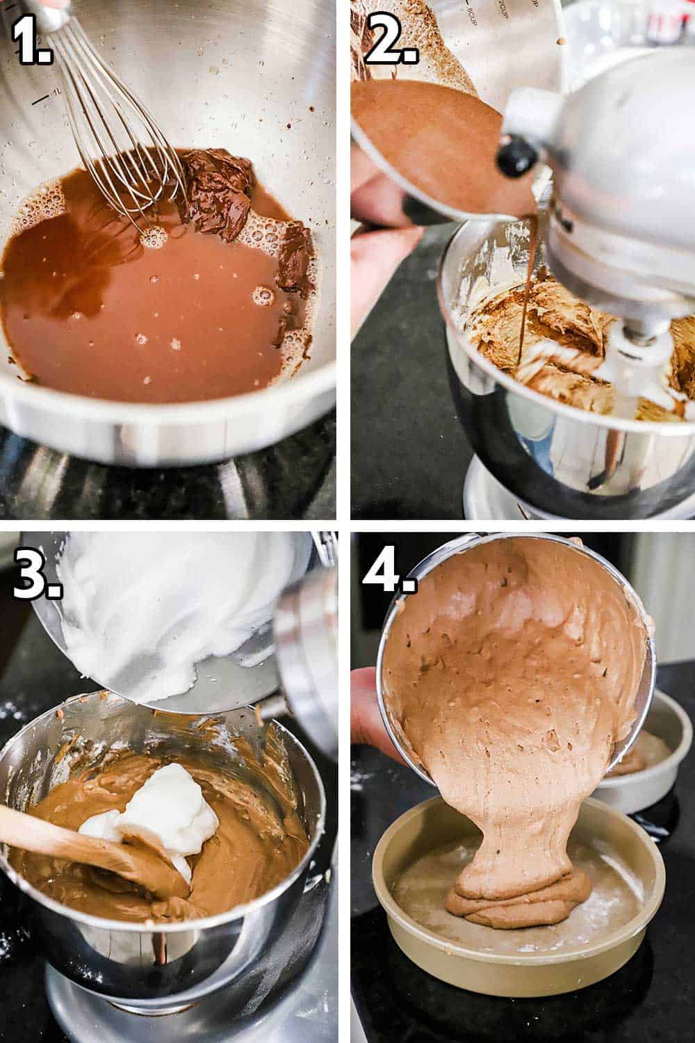 Chocolate melting in a metal bowl, and then it being poured into a mixer with cake batter, and then egg white peaks being folded in, and then batter pouring into cake pan.