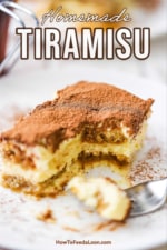 A plate of tiramisu with a bite taken out of it on a nearby fork.