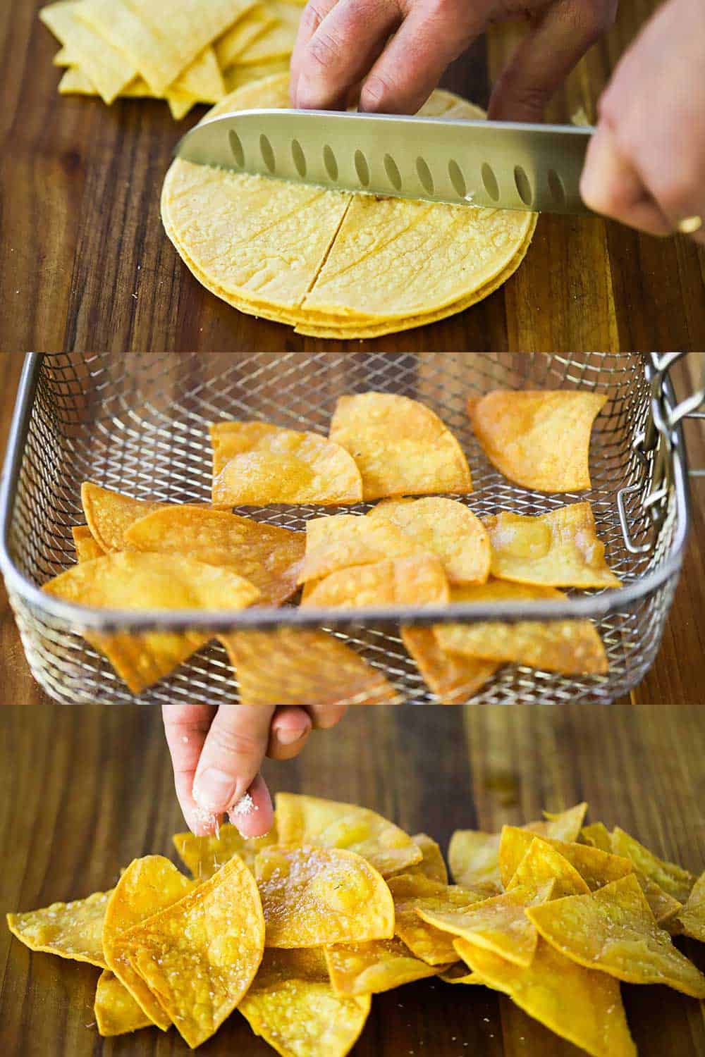 3 different views of corn tortillas being cut into quarters, and then another shot of them fried in a wire basket, and then another of fingers salting the chips.
