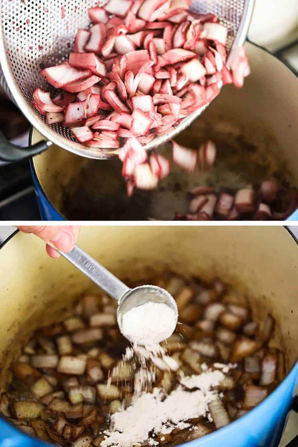 2 stacked images with the top being wine-soaked chopped onions being transferred into a Dutch oven, and the 2nd a hand adding a tablespoon of flour onto the onions.