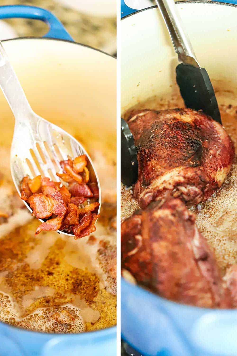 2 side by side images, the 1st a metal slotted spoon holding up cooked chopped bacon over a Dutch oven, the 2nd is the Dutch oven filled with seared chicken with tongs.