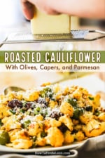 A person grating parmesan cheese over a platter filled with roasted cauliflower, olives, and pine nuts.