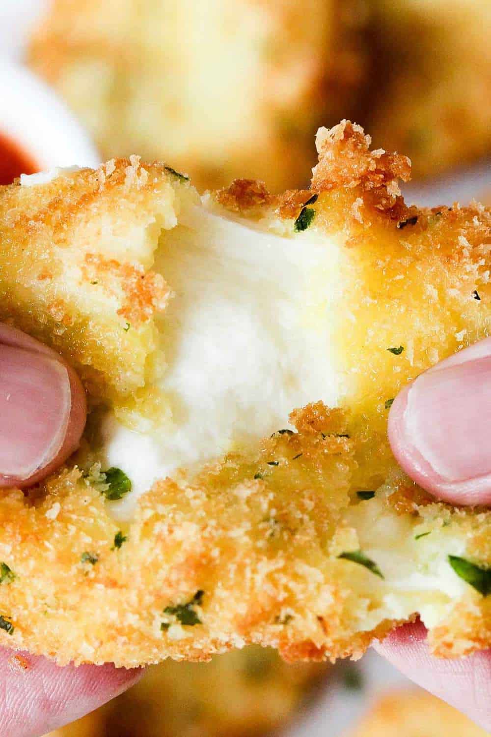 fried mozzarella is so creamy on the inside and crispy and crunchy on the outside