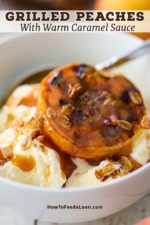 A close-up view a grilled peaches and caramel sitting on vanilla ice cream with homemade granola sprinkled on top.