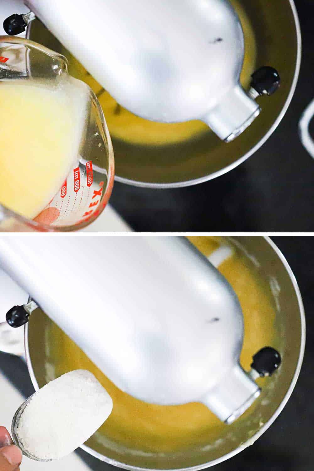 Melted butter being poured from a measuring cup into a stand mixer bowl and then flour being added into the bowl.