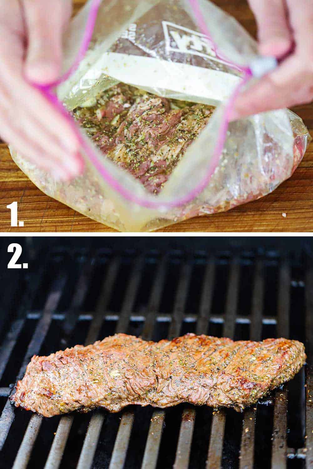 A plastic baggie filled with a skirt steak and a Greek dressing and then that steak on a gas grill.