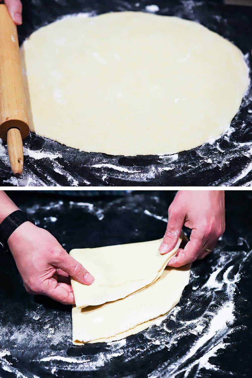 A large circular formation of pizza dough on a floured surface that then is fold in half and then quartered.