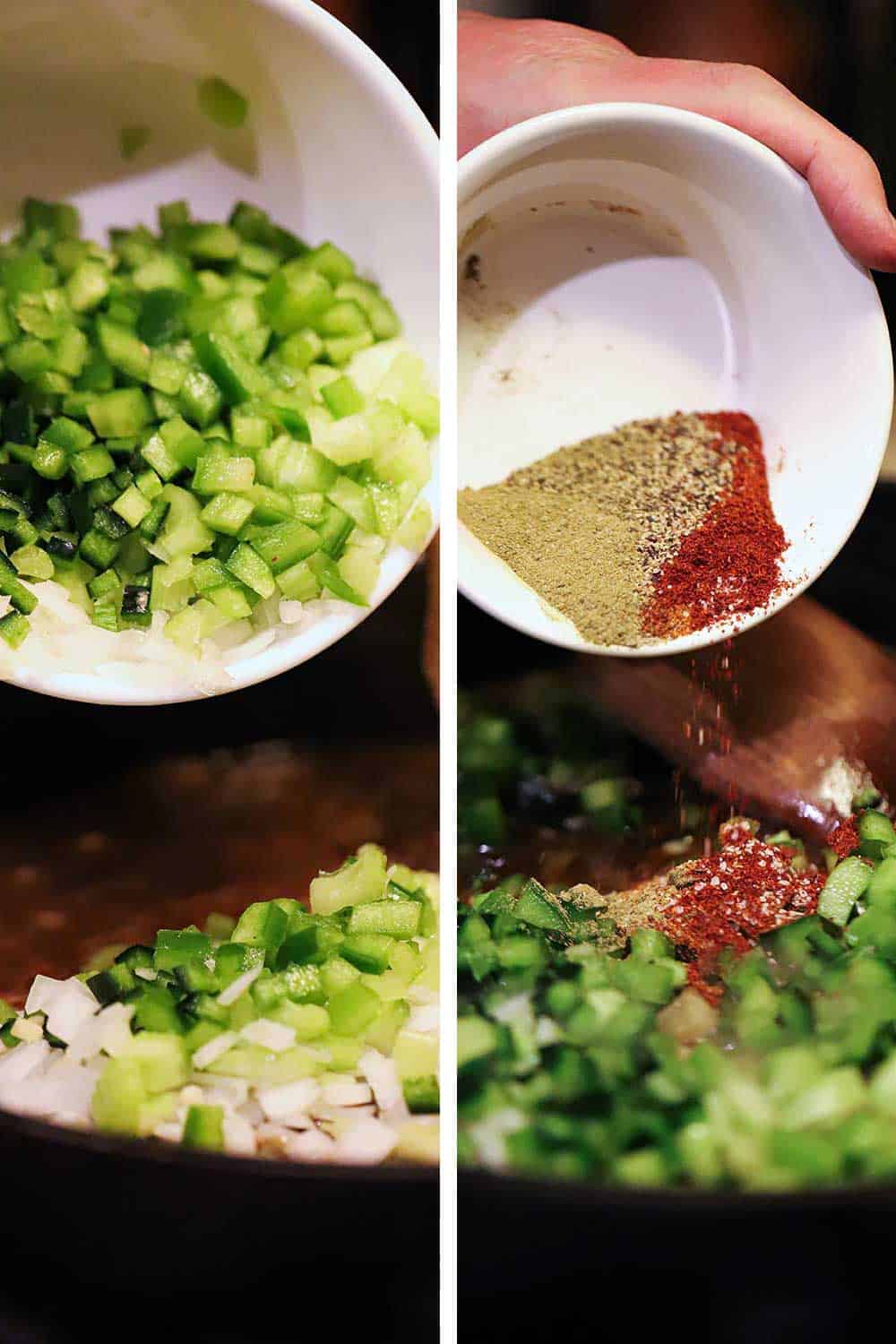 A bowl of chopped onions and green bell peppers being dropped into a skillet of dark roux, and then a small bowl dumping gumbo seasoning into the same skillet.
