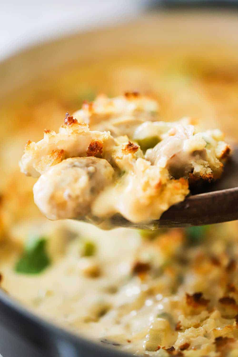 A wooden spoon lifting up a helping of creamy cooked oyster stew out of a casserole dish.