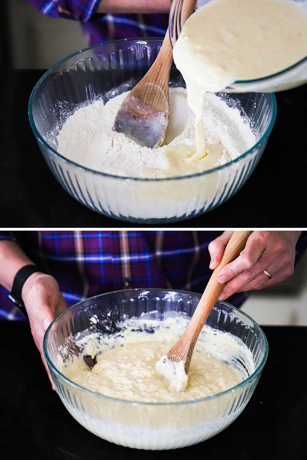 A large glass bowl filled with waffle batter with buttermilk being added and then a person using a wooden spoon to mix it.