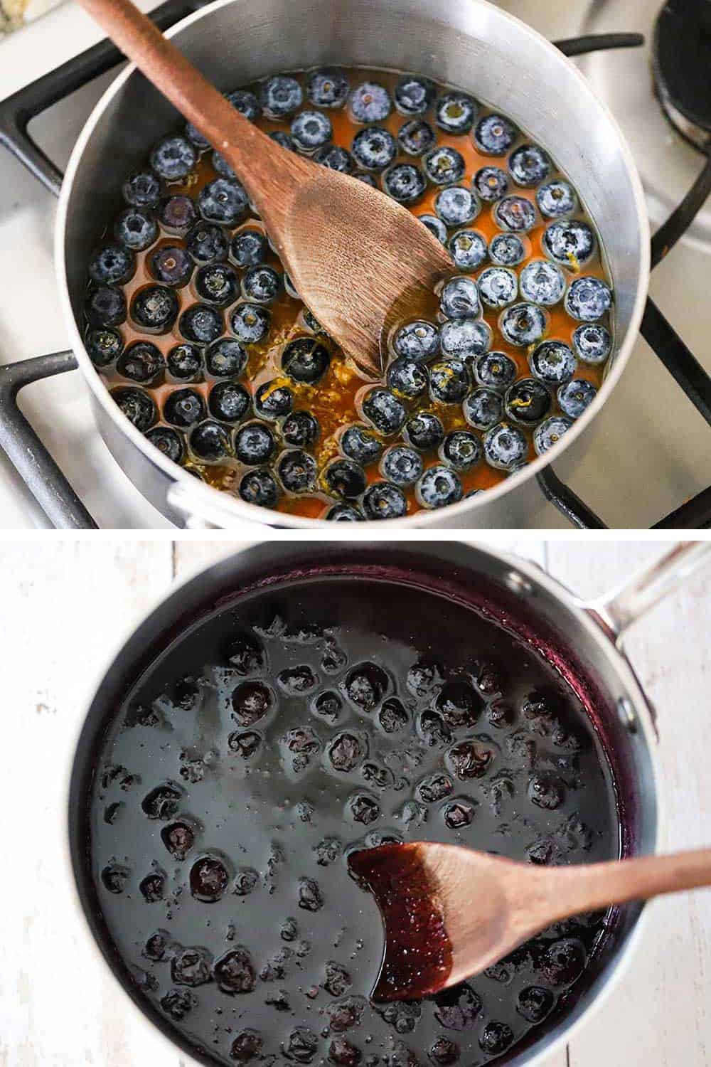 A silver medium-sized sauce pan filled with whole blueberries and maple syrup, and then the pan after the berries have burst from the heat.