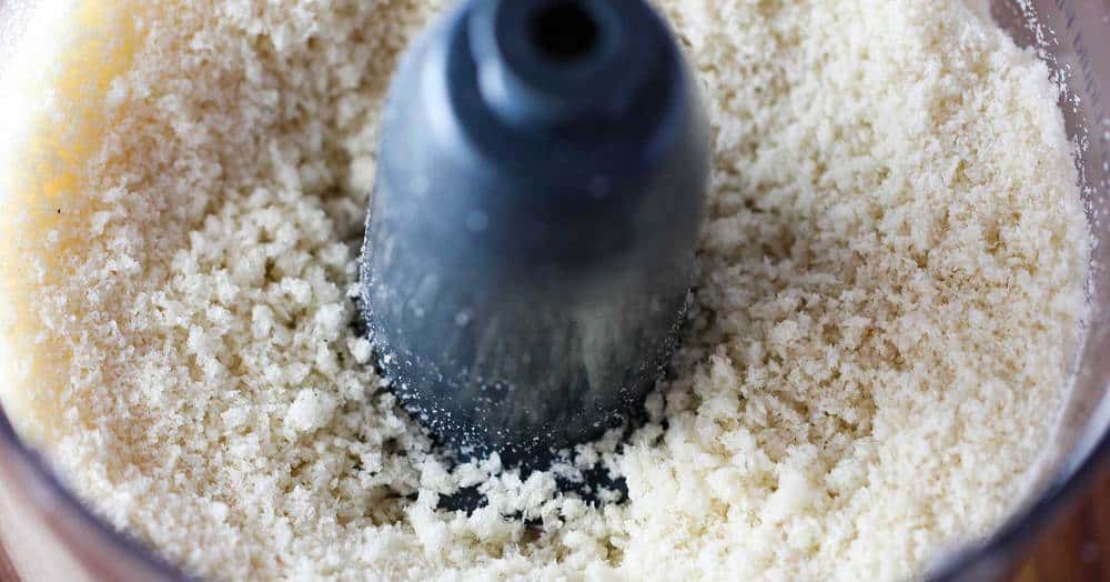Pulverized bread crumbs in a food processor.