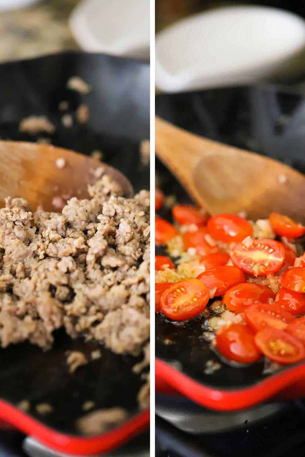 Italian sausage being sautéd in a skillet and then shallots and grape tomatoes being sautéd in the same skillet.