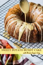 A spoon drizzling brown sugar icing over the top of a sweet potato bundt cake sitting on a wire rack.