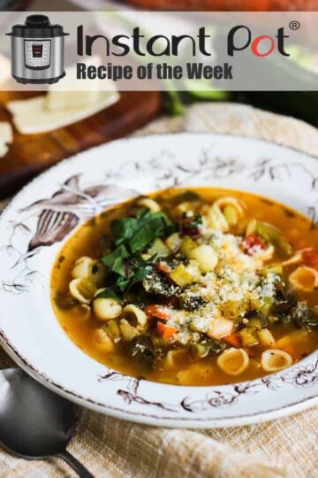Instant Pot Minestrone in a white patterned bowl
