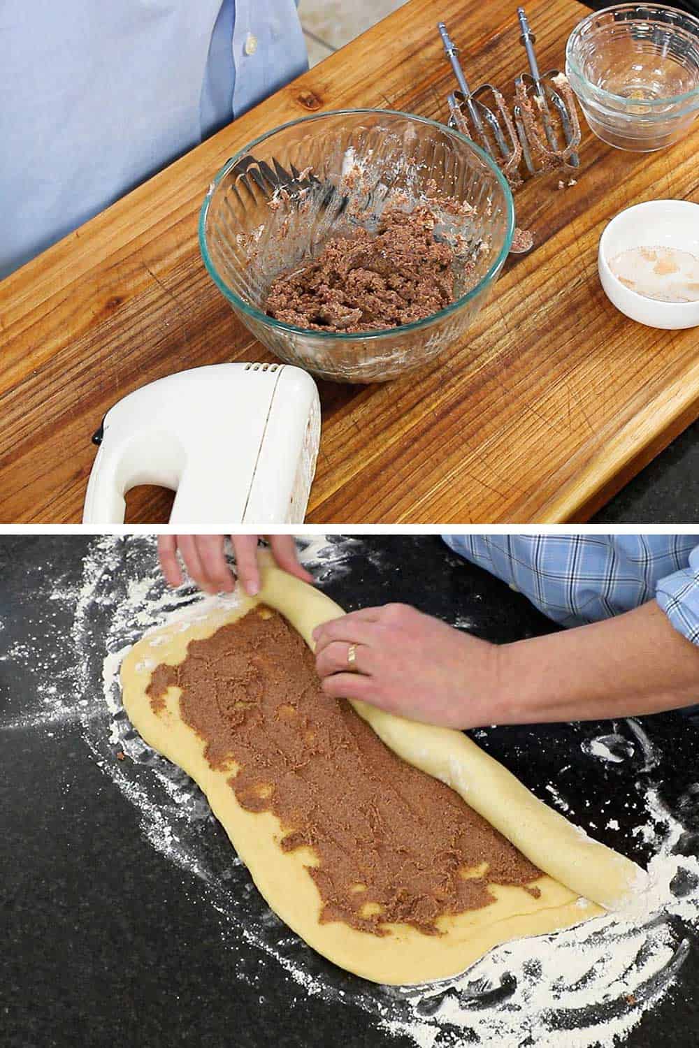 A bowl on a cutting board filled with softened butter that has been mixed with sugar and cinnamon, and then that mixture spread on dough that is being rolled up.