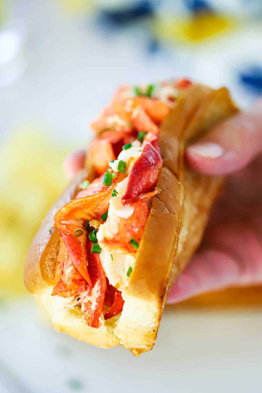 A hand holding a lobster roll with lots of pink lobster meat and a toasty bun right in your face.