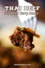 A fork that is being used to hold up a piece of Thai beef that has been slow-cooked in a red curry and coconut sauce.
