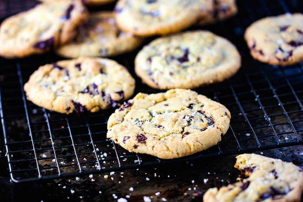 Classic chocolate chunk cookies on a wire rack