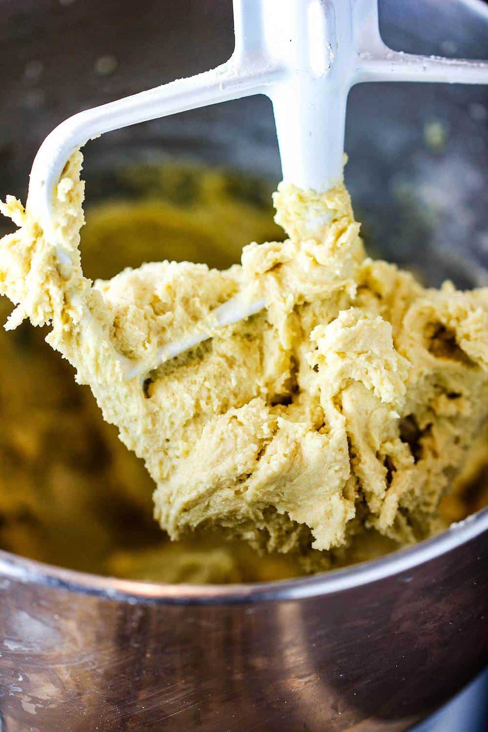 Chocolate cookie dough in a stand mixer