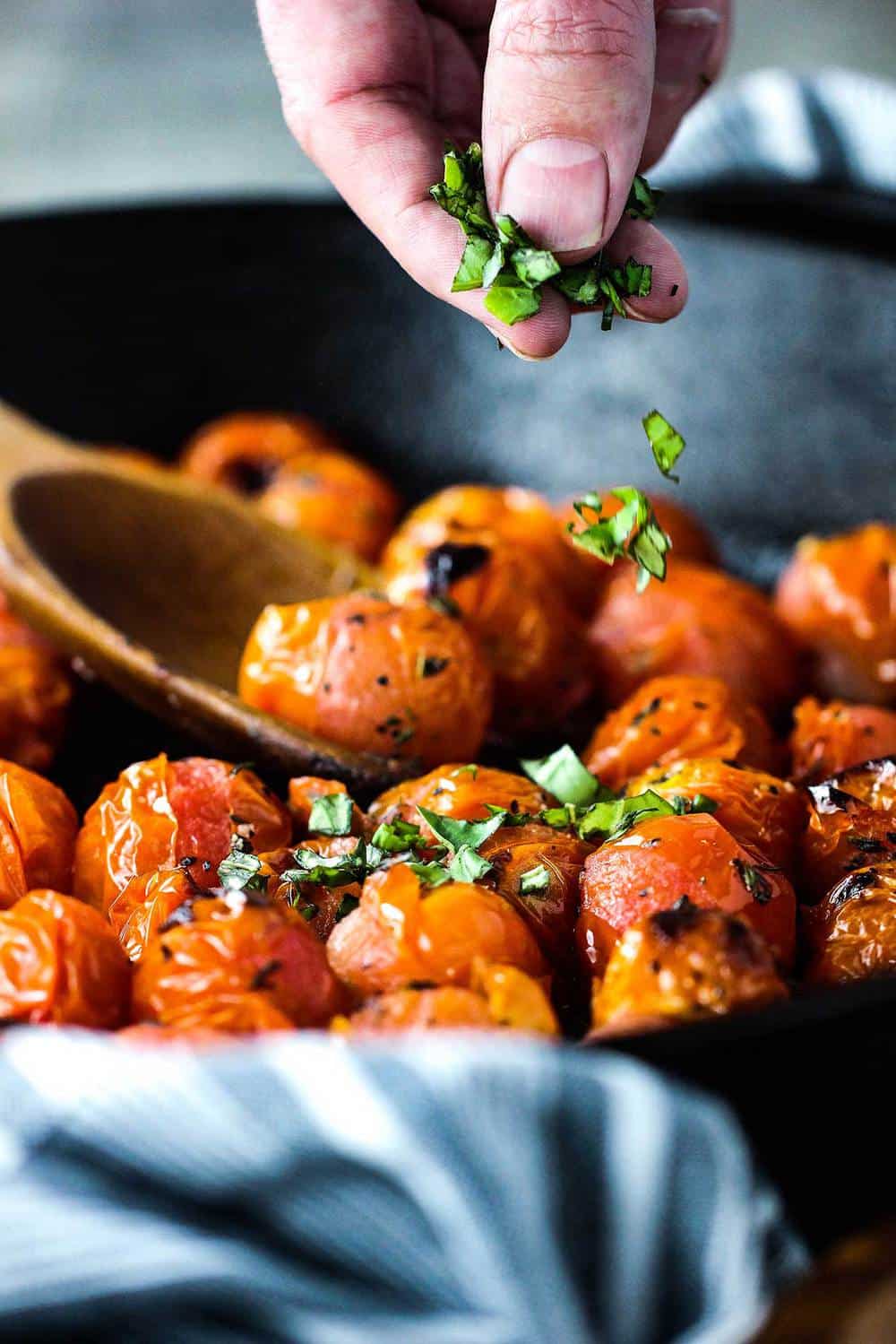 Blistered cherry tomatoes and fingers sprinkling fresh basil on top.