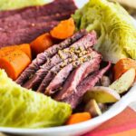 A platter of Instant Pot corned beef and cabbage