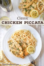 An overhead view of two white dinner plates that are both filled with a serving of chicken piccata and linguine with glasses of white wine nearby.