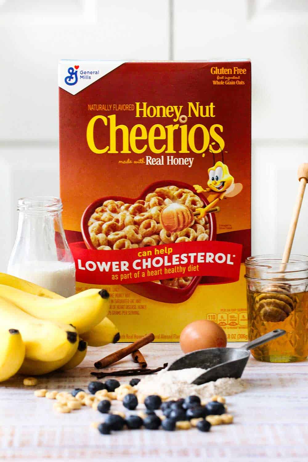 The ingredients for banana blueberry muffins are on display.