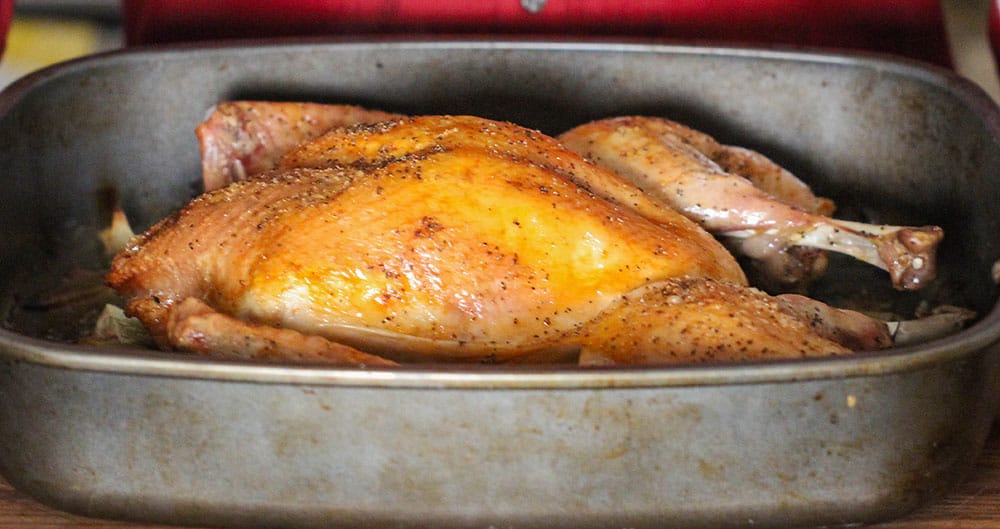 A roasted spatchcocked turkey in a large roasting pan.