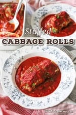 Two vintage serving bowl filled with single servings of stuffed cabbage rolls in a rich tomato sauce.