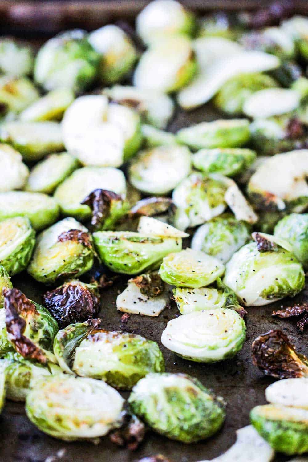 A baking sheet filled with maple-roasted Brussels sprouts.