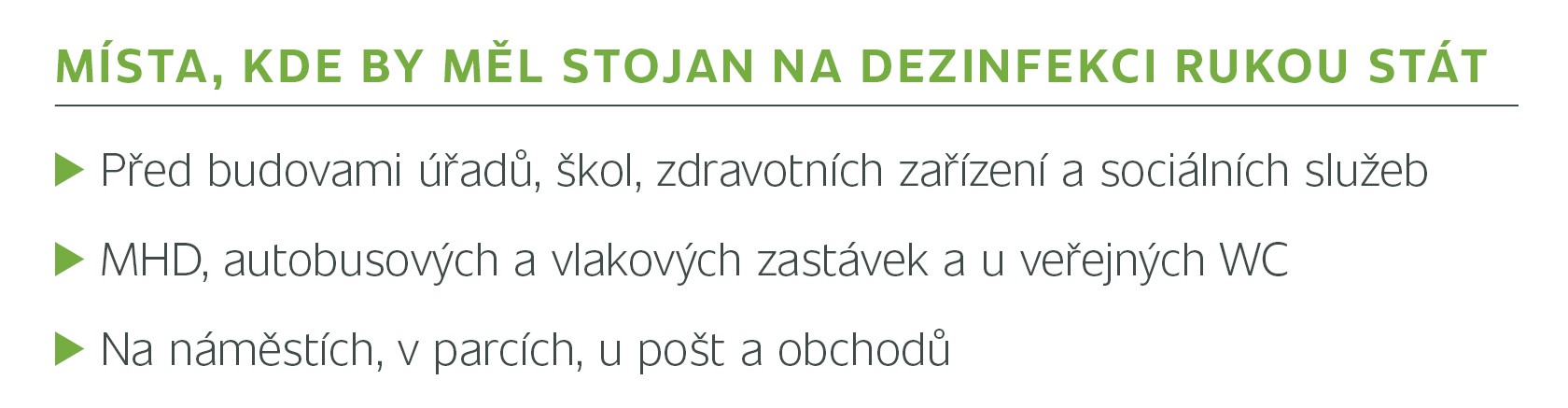 Místa, kde by měl stojan na dezinfekci rukou stát.