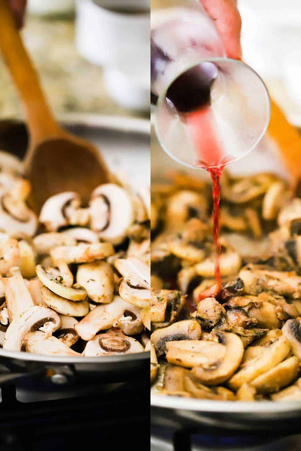 Two side by side photos, the first of sliced mushrooms in a skillet with a wooden spoon and the second photo is red wine being poured into the skillet with the mushrooms.
