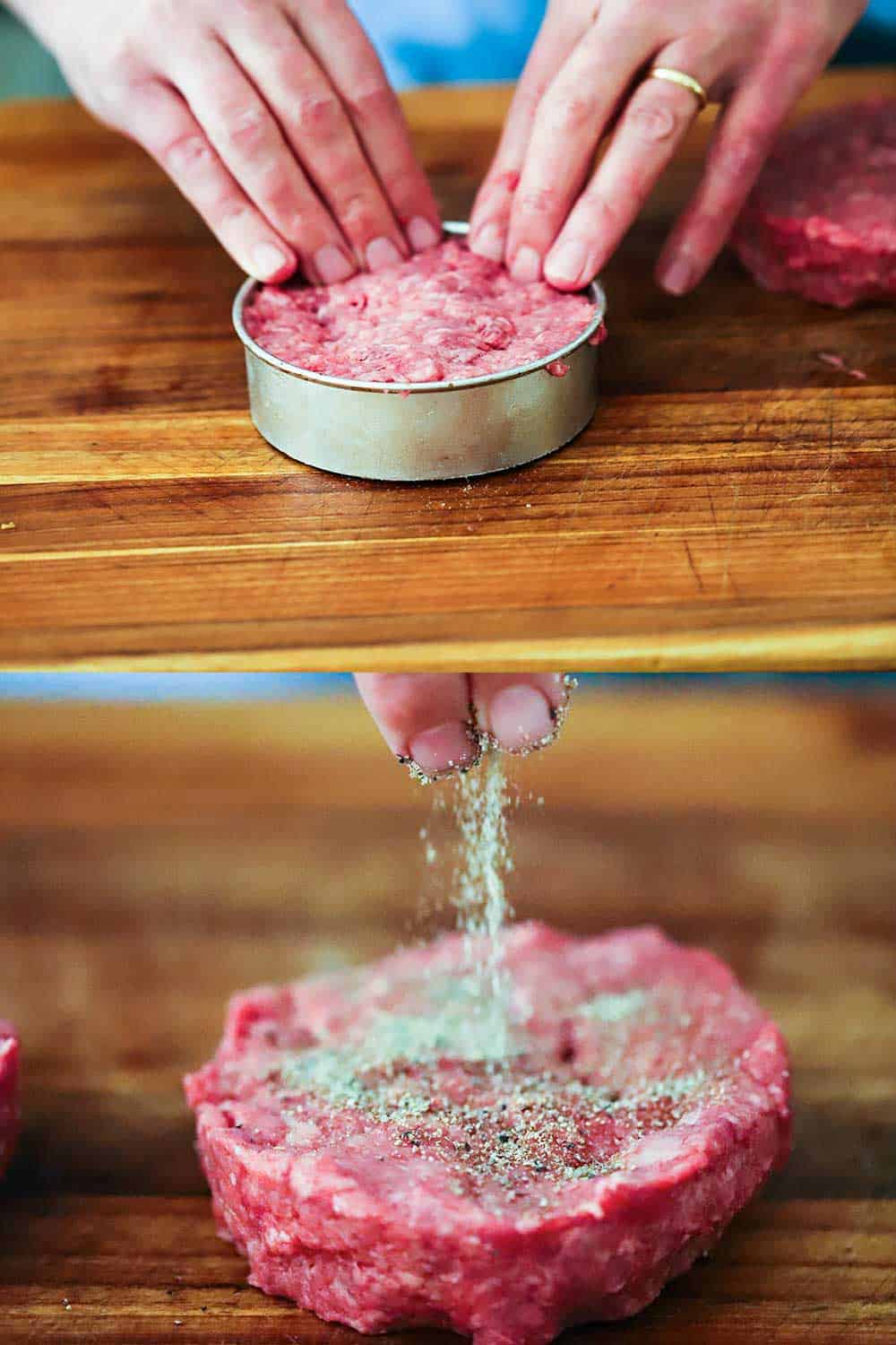 Two photos with the first being two hands pressing ground beef into a metal ring and the second photo of fingers sprinkling BBQ rub on the hamburger patty.
