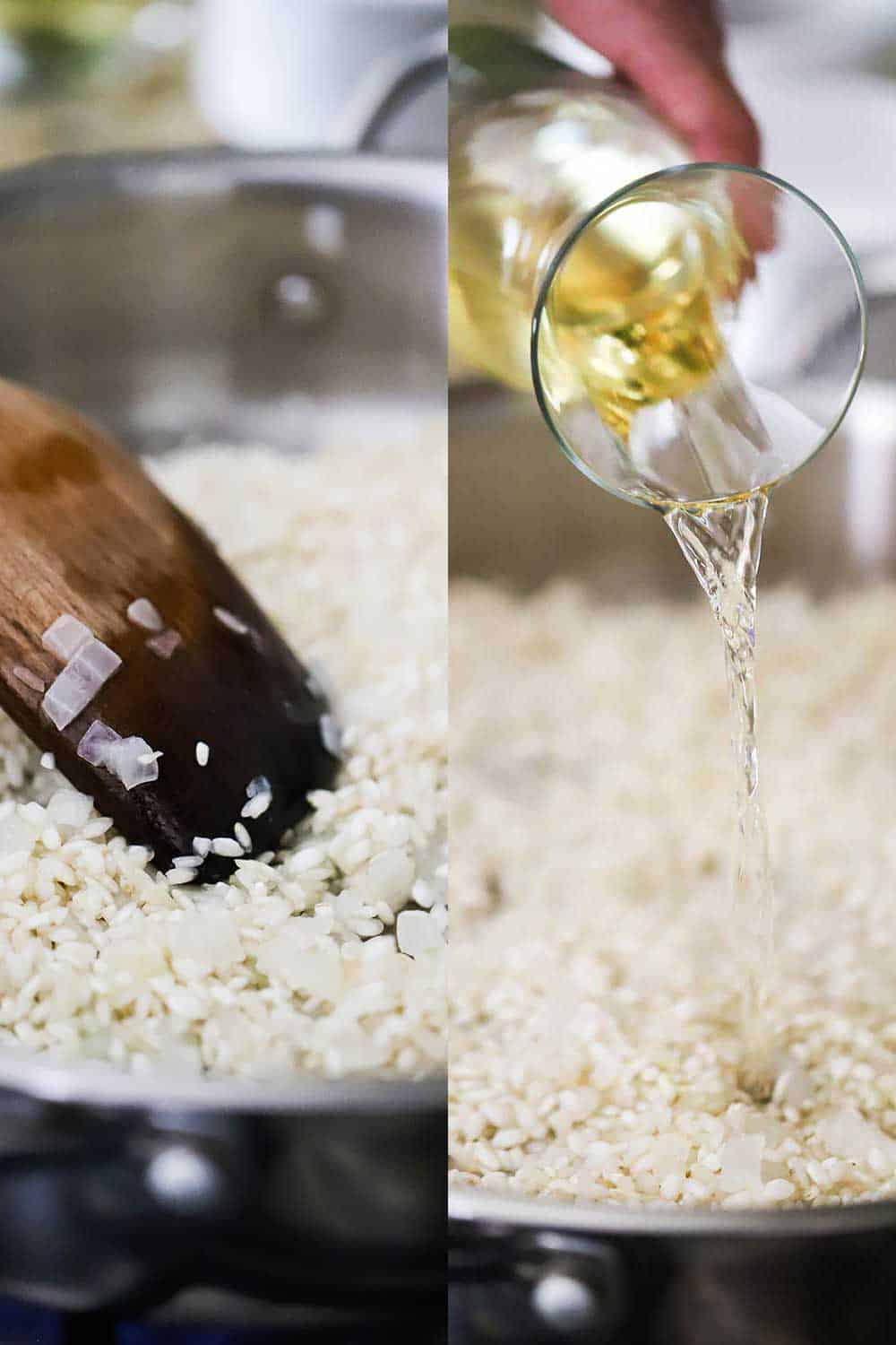 Two side-by-side images, one of a wooden spoon sauteing rice in a skillet, and the image next to it is white wine being poured into the skillet with the rice.