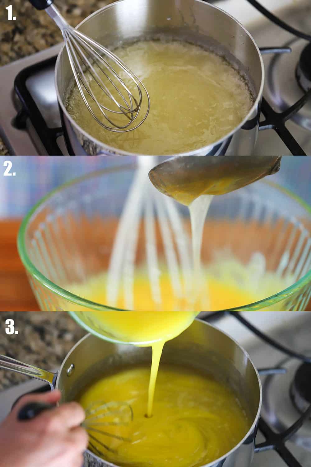 3 stacked photos with the 1st of a metal pan with a whisk into stirring a corn starch slurry, and the 2nd a ladle adding the hot slurry to a bowl of egg yolks, and the 3rd of the pan with the tempered eggs in it with a hand whisking the mixture.