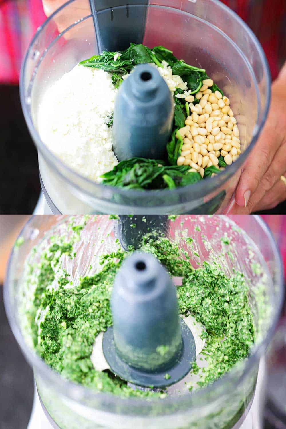 2 stacked images with the top of a food processor filled with basil leaves, pine nuts, grated parmesan cheese, and garlic and the bottom image after it has all been processed.