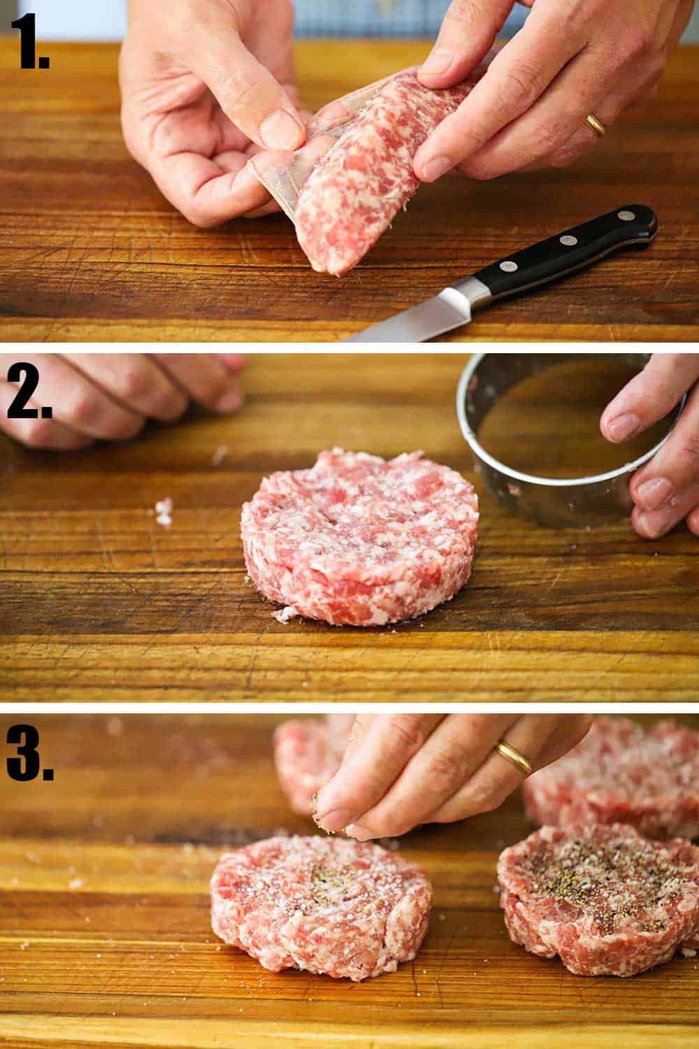 3 stacked photos, 1st is a hand removing sausage casing, next a pattie being formed, next is seasoning being added.