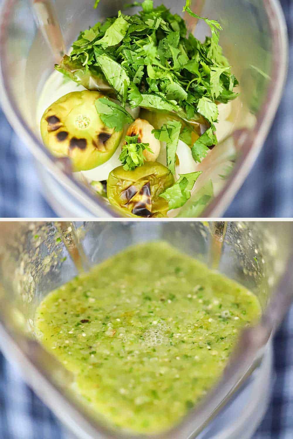 2 stacked photos, the top a view looking into a blender filled with roasted tomatillos and pepper, and the bottom image the same blender with the vegetables puréed.