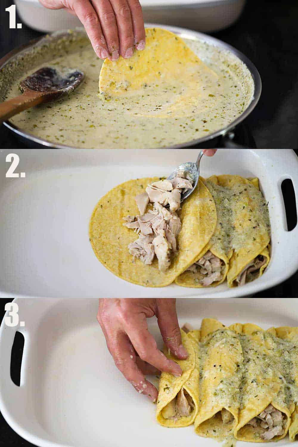 3 stacked photos, with the 1st a hand dipping a corn tortilla into a skillet of verde sauce, the 2nd a hand placing chicken inside the corn tortillas in a baking dish, and 3rd the same hand folding over the tops of the enchilada.