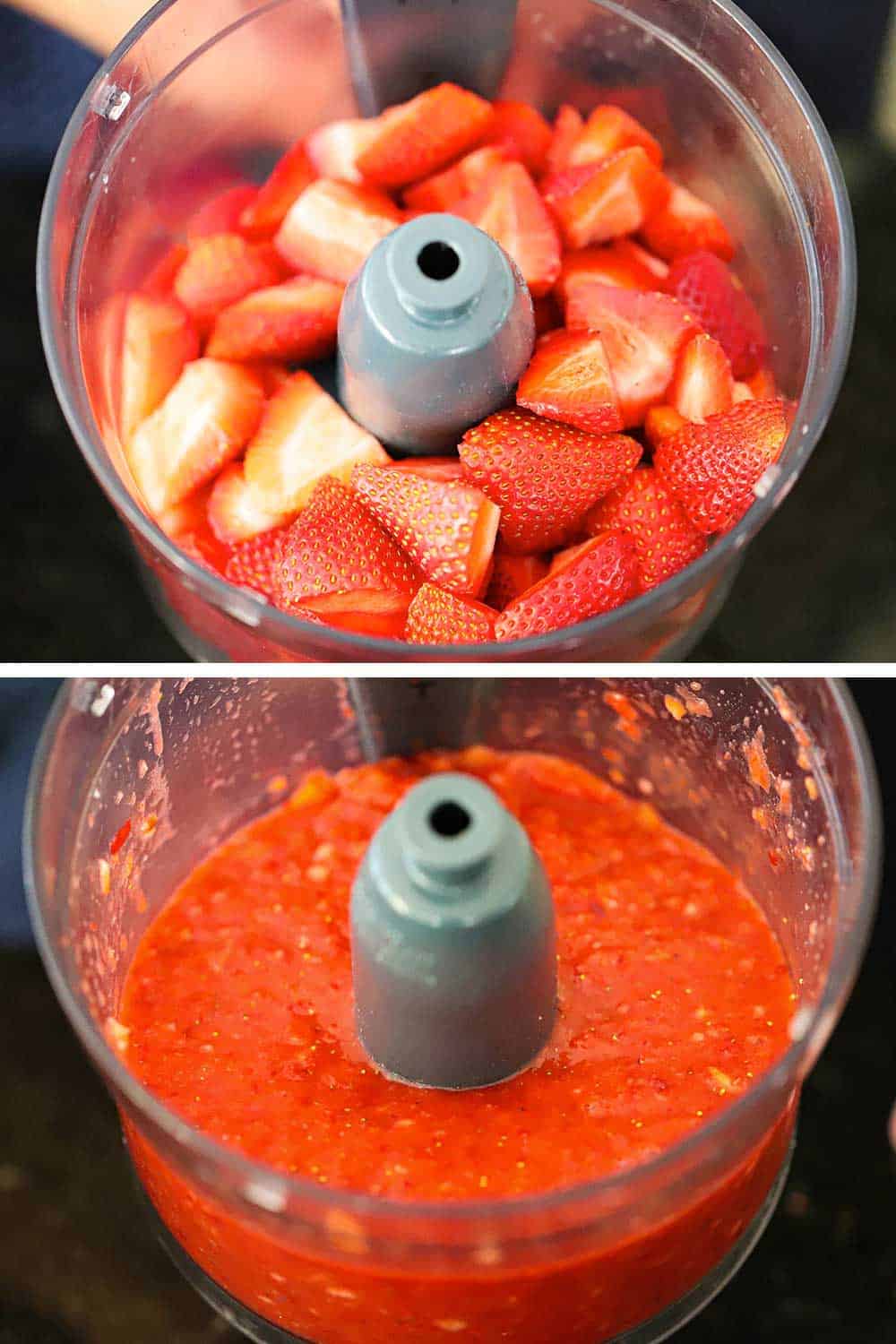 2 stacked images, the top roughly chopped strawberries in a food processor and the bottom the strawberries after they have been pureed.
