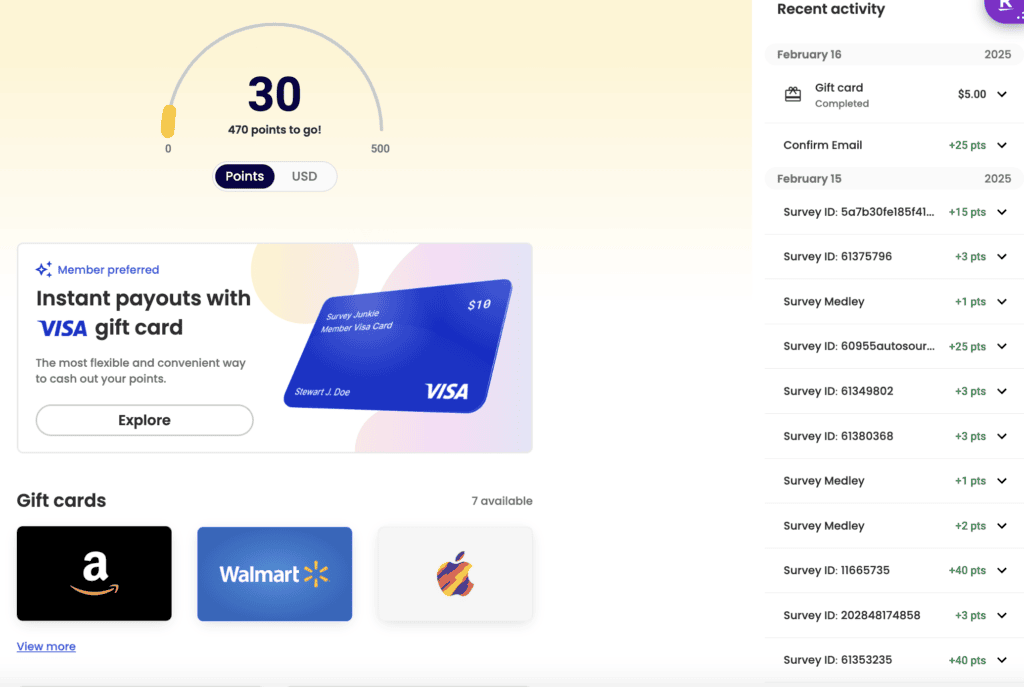 Survey Junkie Review - this is a screenshot of my Survey Junkie dashboard