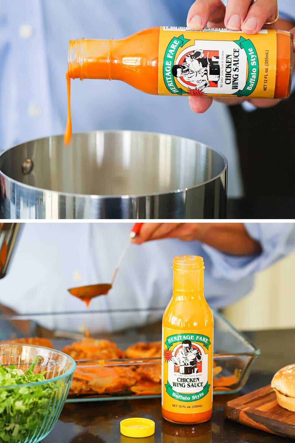 2 stacked photos. The top is a hand pouring wing sauce into a sauce pan, and the bottom is that sauce ladled over chicken cutlets.