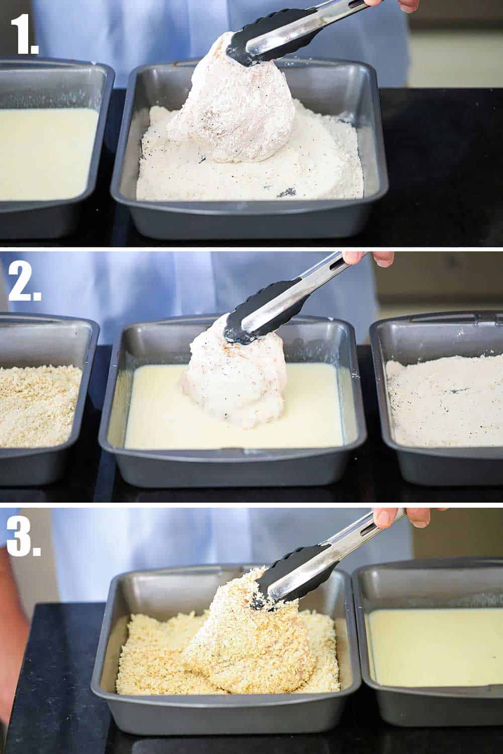 3 stacked images: Top is a chicken cutlet a pan of flour, next is cutlet in egg bath, last in bread crumbs.