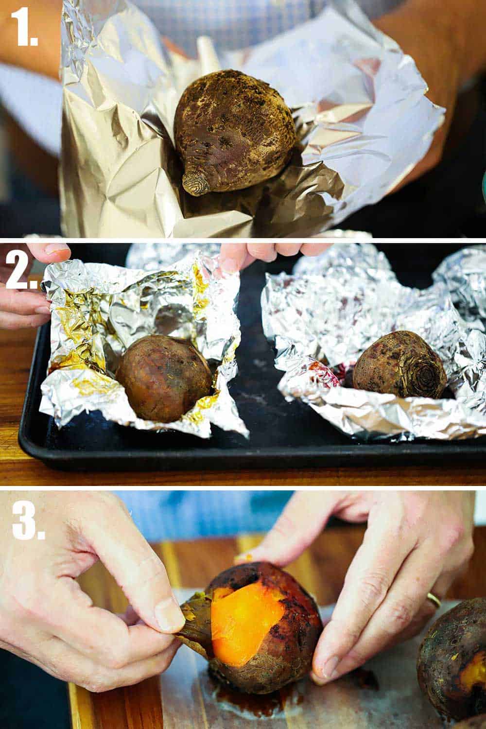 3 images, one of a beet in foil, the next is the beet after being roasted, and then the beet being peeled.